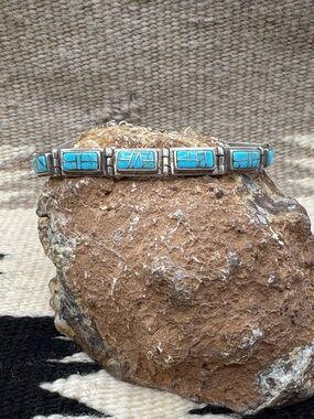 Navajo Native American Sterling Silver Block Turquoise Inlay Link Bracelet 7.5"